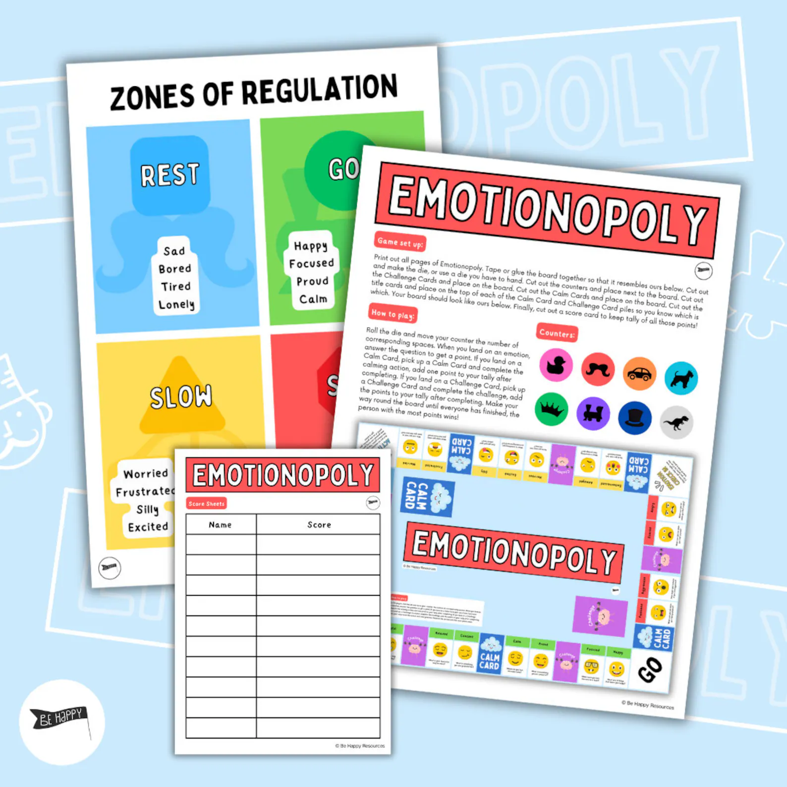 Contents of the Emotionopoly printable game set