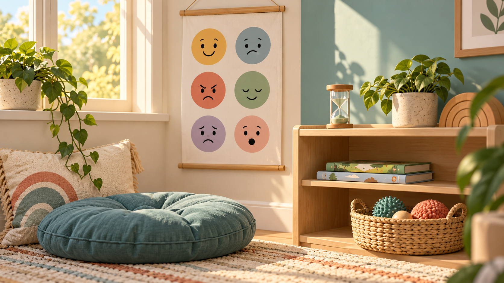 A calm down corner with a child-height feelings poster, soft floor cushion, sand timer, books and a small basket of sensory tools.