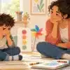 Adult and child using a feelings scale and pinwheel to discuss anger coping activities