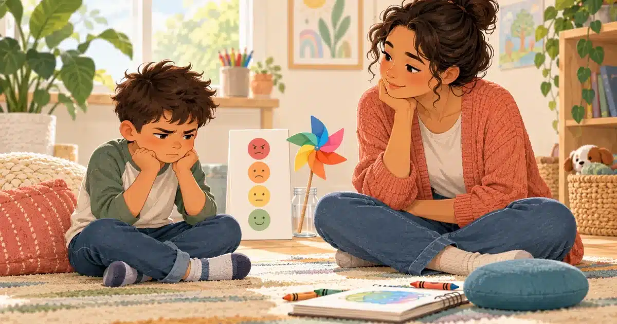 Adult and child using a feelings scale and pinwheel to discuss anger coping activities