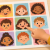 Illustrated feelings chart with nine different expressions as a child points to one face
