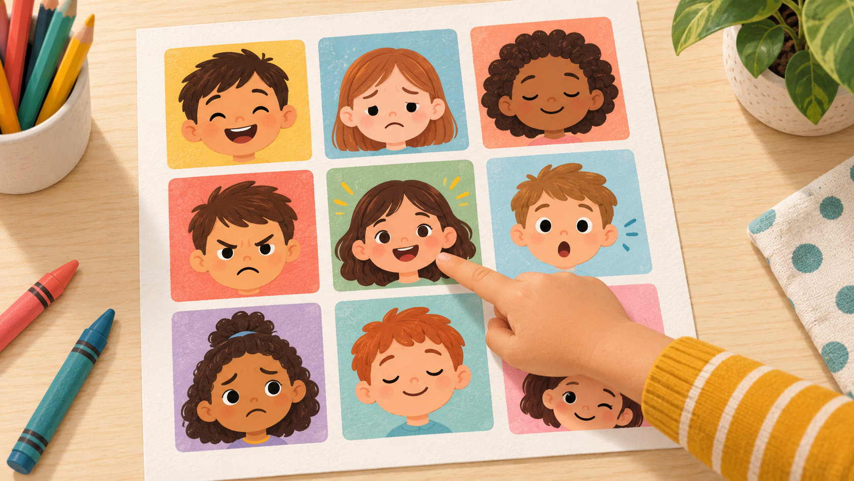 Illustrated feelings chart with nine different expressions as a child points to one face