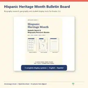Hispanic Heritage Month bulletin board bundle cover showing three display systems for Grades 3–6