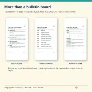Hispanic Heritage Month bundle overview showing bulletin board, biography, geography and research materials