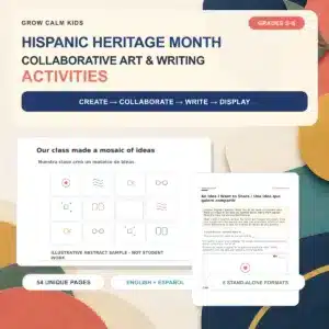 Hispanic Heritage Month art and writing activities for Grades 3–6, shown in a colorful product preview with sample student pages.