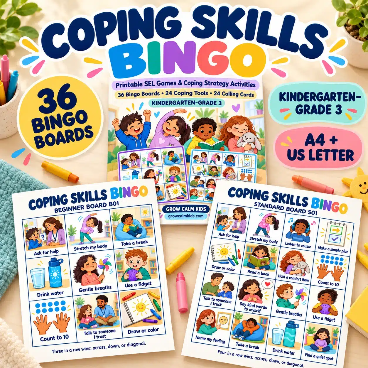 01_hero_coping_skills_bingo Coping Skills Bingo printable for Kindergarten–Grade 3, shown with sample game materials and 36 boards.