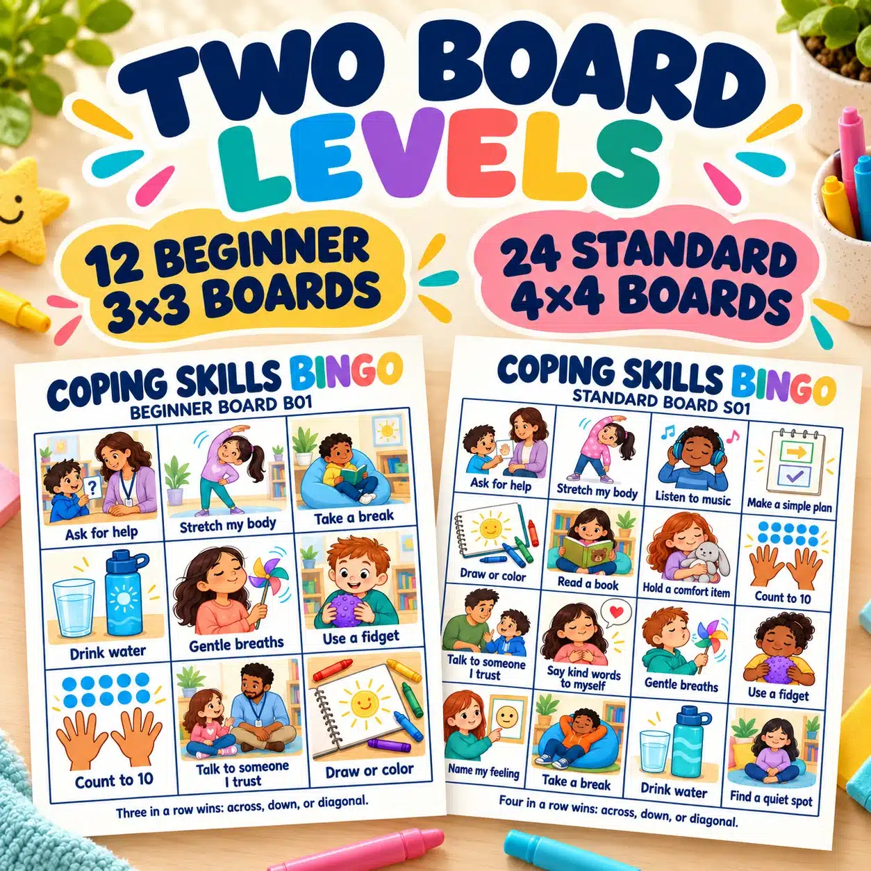 02_two_board_levels Coping Skills Bingo includes 12 beginner 3×3 boards and 24 standard 4×4 boards.