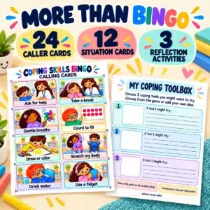 Coping Skills Bingo activity set with 24 caller cards, 12 situation cards and three reflection activities.