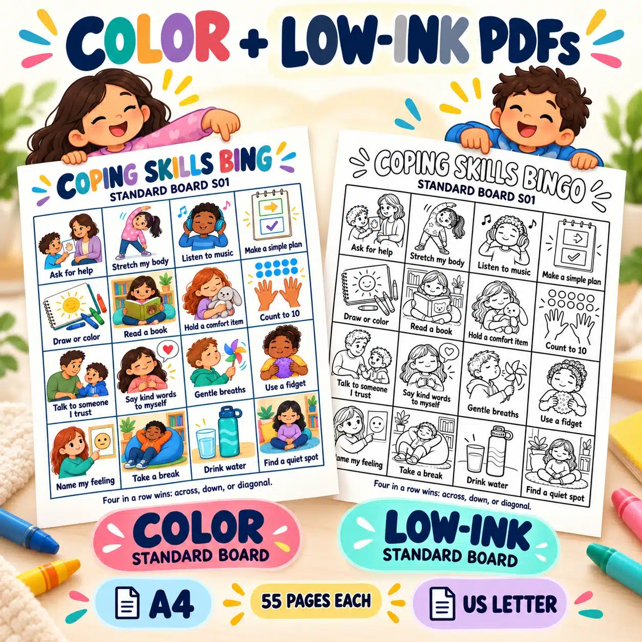 04_color_low_ink_paper_sizes Coping Skills Bingo color and low-ink PDFs in US Letter and A4 paper sizes, 55 pages each.