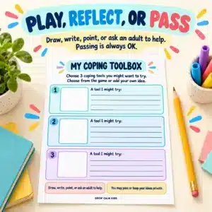 Coping Skills Bingo supports drawing, writing, pointing, adult help and passing.