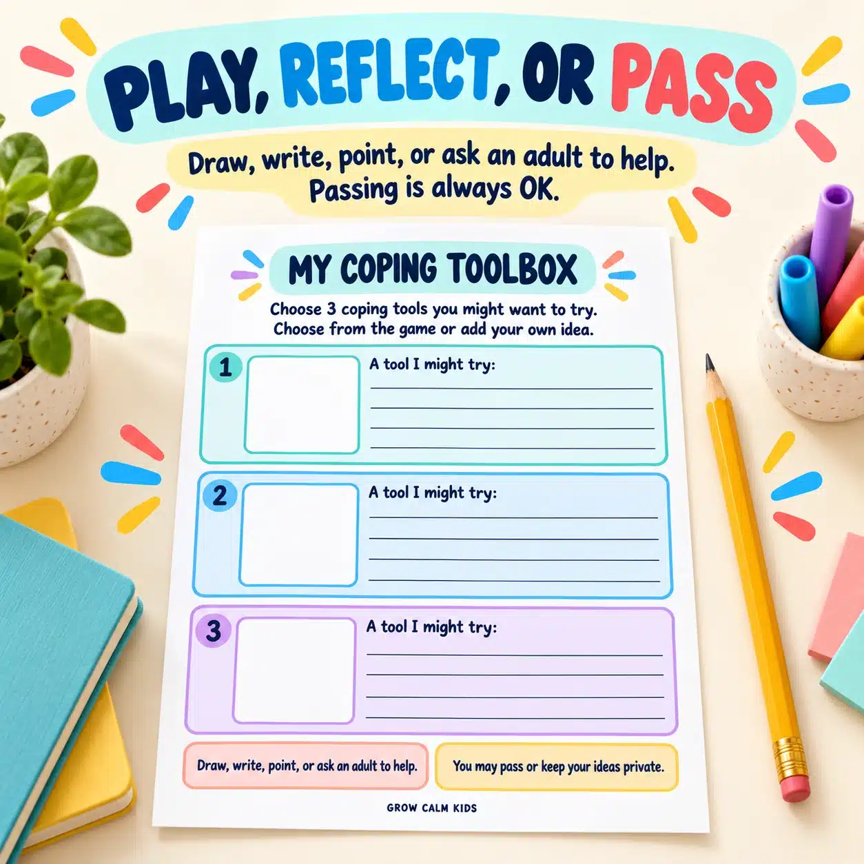 05_play_reflect_or_pass Coping Skills Bingo supports drawing, writing, pointing, adult help and passing.