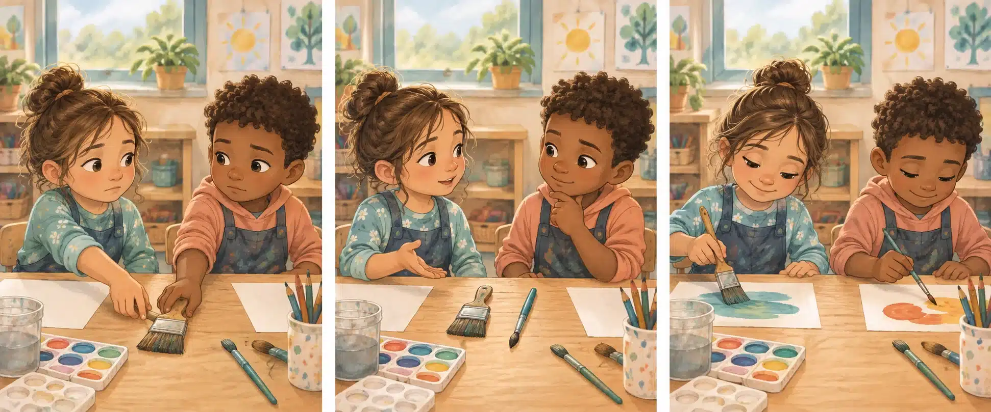 Three illustrated moments: two children pause over a paintbrush, talk about options, then try a shared plan