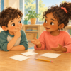 Two children discussing choices at a classroom table
