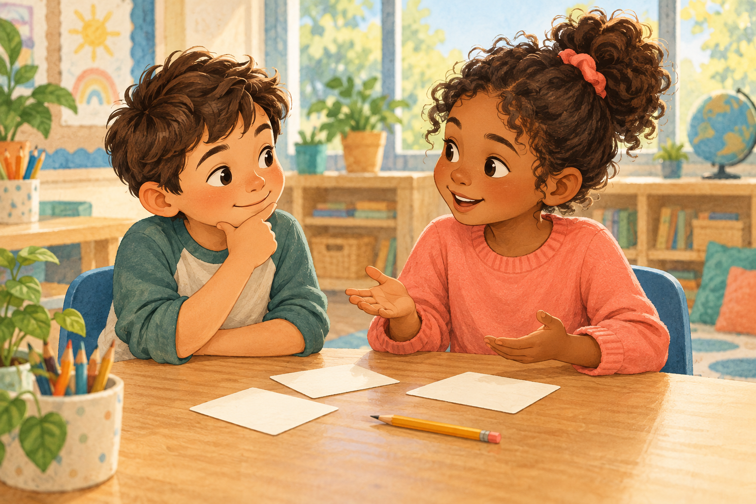 Two children discussing choices at a classroom table
