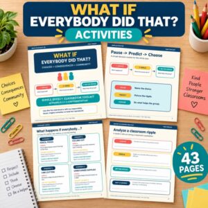 Cover and sample pages from the 43-page What If Everybody Did That? classroom SEL toolkit, including scenario cards, the Pause–Predict–Choose poster and student reflection pages.