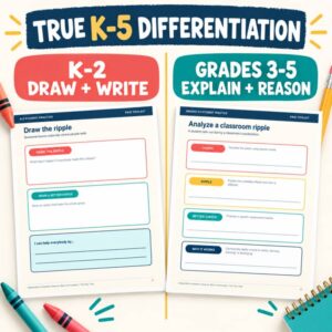 K–5 differentiation preview showing K–2 draw-and-write pages alongside Grades 3–5 explain-and-reason classroom reflection pages.