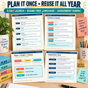 Teacher-guidance preview featuring the five-day launch plan, shame-free facilitation language, Pause–Predict–Choose routine, and assessment rubric.