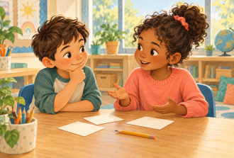 Two children discussing choices at a classroom table